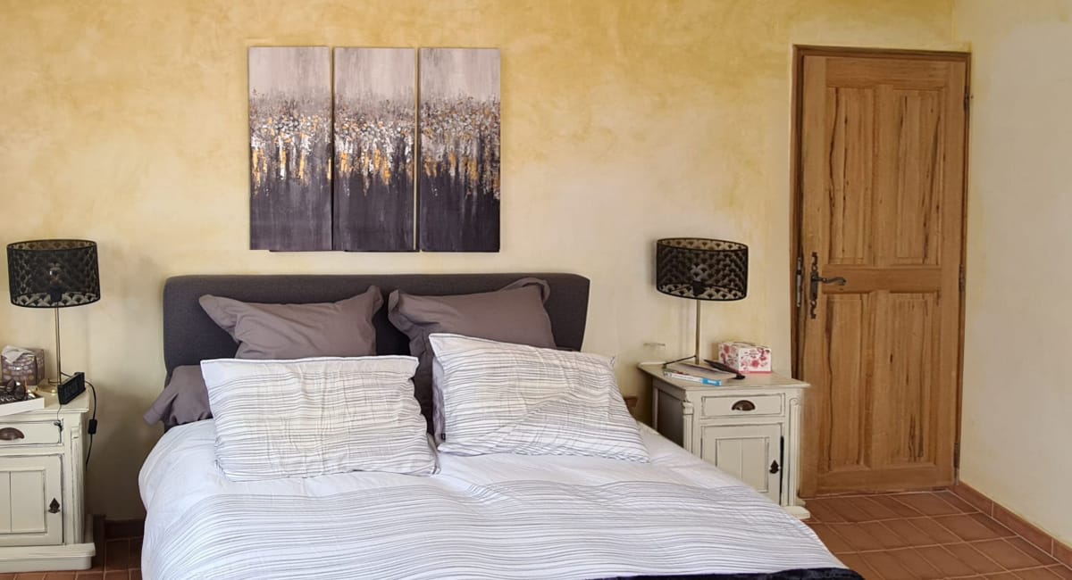 Une chambre confortable avec un lit douillet et un décor artistique.