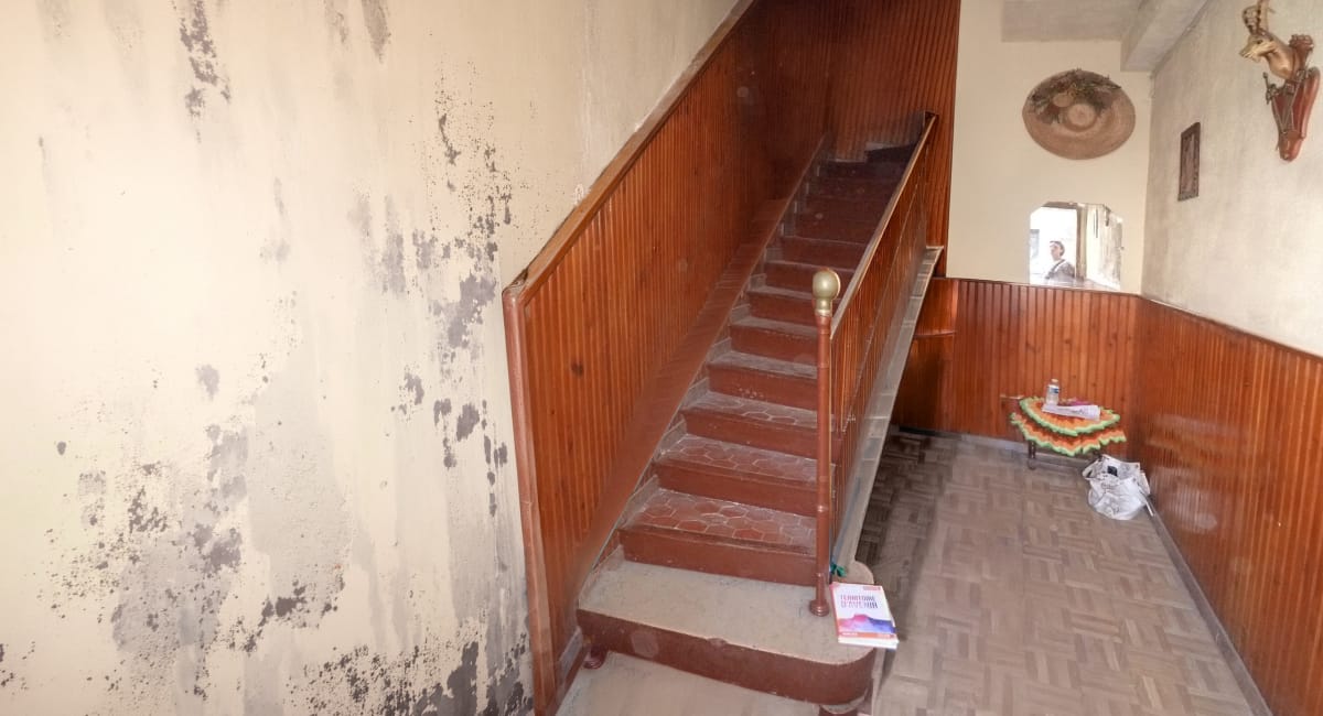 Des escaliers en bois menant à un étage, dans un intérieur ancien et délabré.