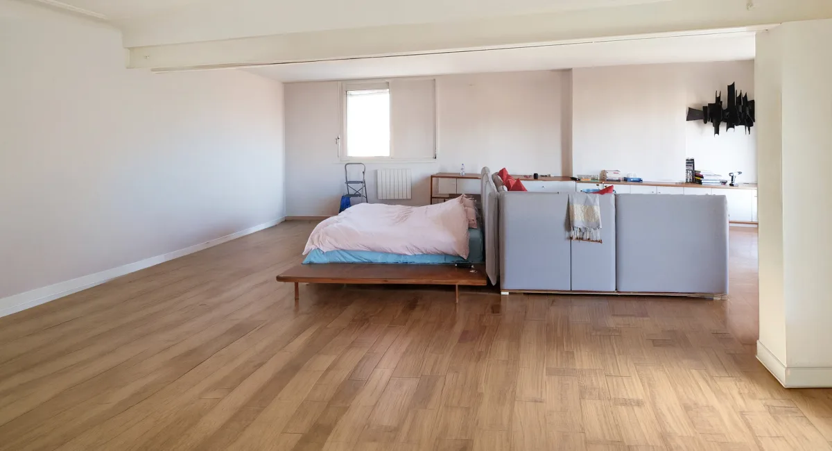 Intérieur d'un appartement lumineux avec un canapé et un lit, idéal pour un espace de vie confortable.