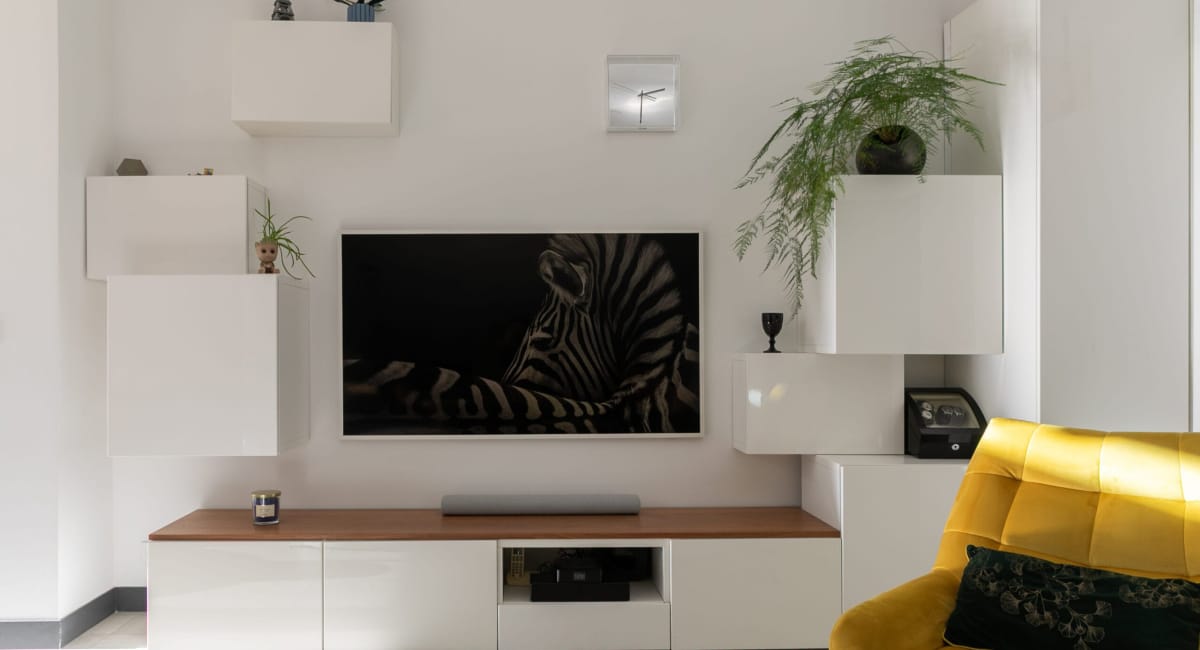 Un salon moderne avec un téléviseur affichant une zèbre noire et blanche.