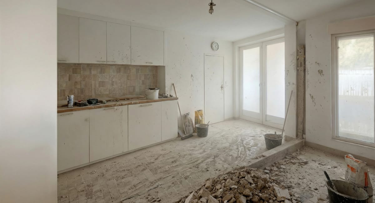 Cuisine en rénovation, avec des matériaux de démolition et un aspect chantier.
