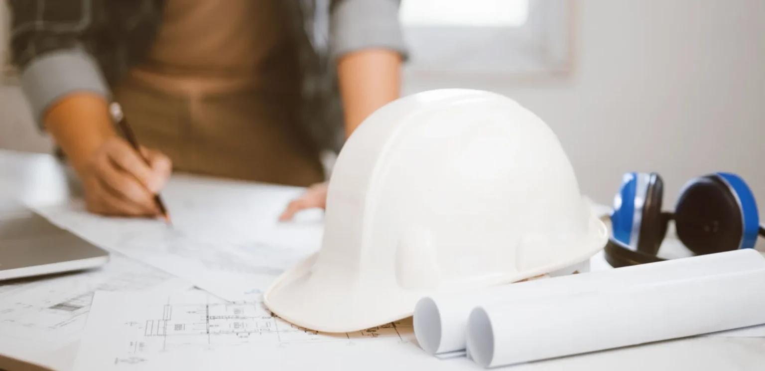 Casque de chantier sur plans, symbole de la construction et de la sécurité.