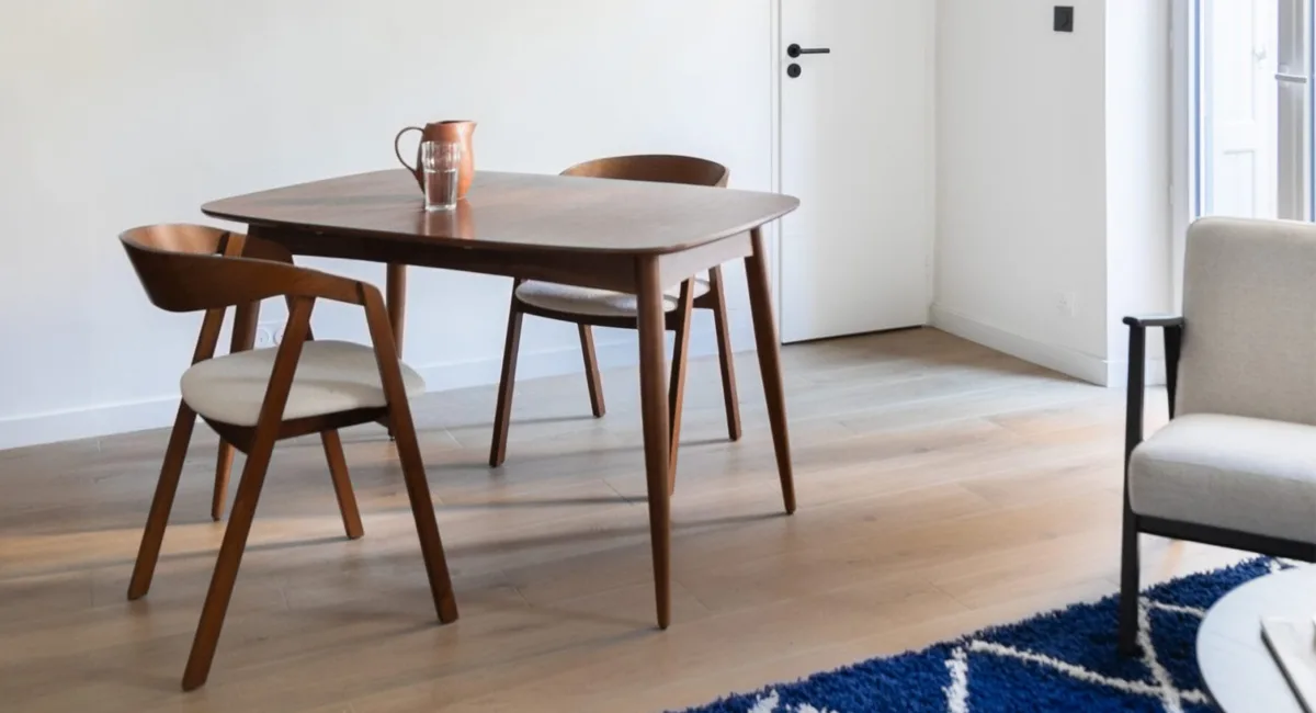 Une table à manger en bois avec deux chaises modernes dans un intérieur épuré.