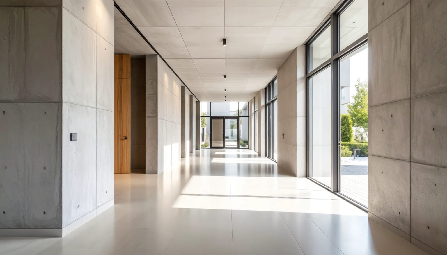 Un long couloir lumineux dans un bâtiment moderne avec des murs en béton et des grandes fenêtres.