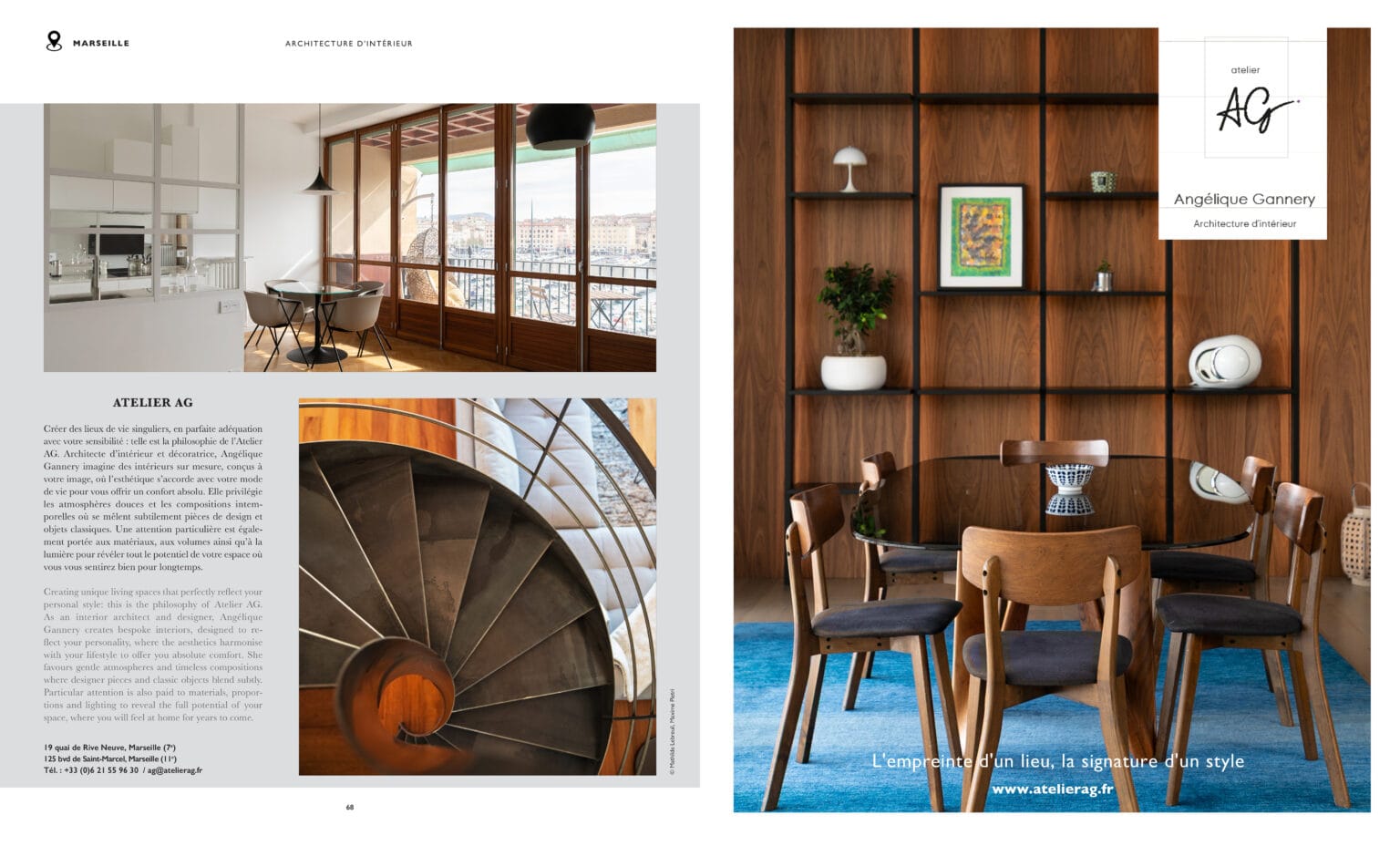 Double page d'un portfolio d'architecture d'intérieur présentant des photos de salons et d'un escalier en bois.