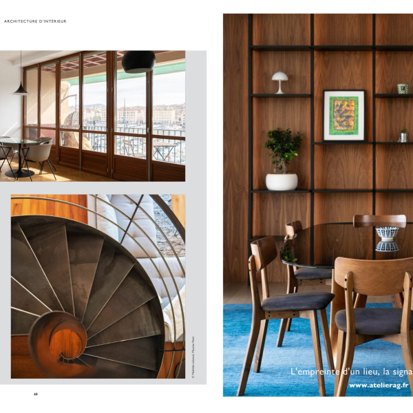 Double page d'un portfolio d'architecture d'intérieur présentant des photos de salons et d'un escalier en bois.